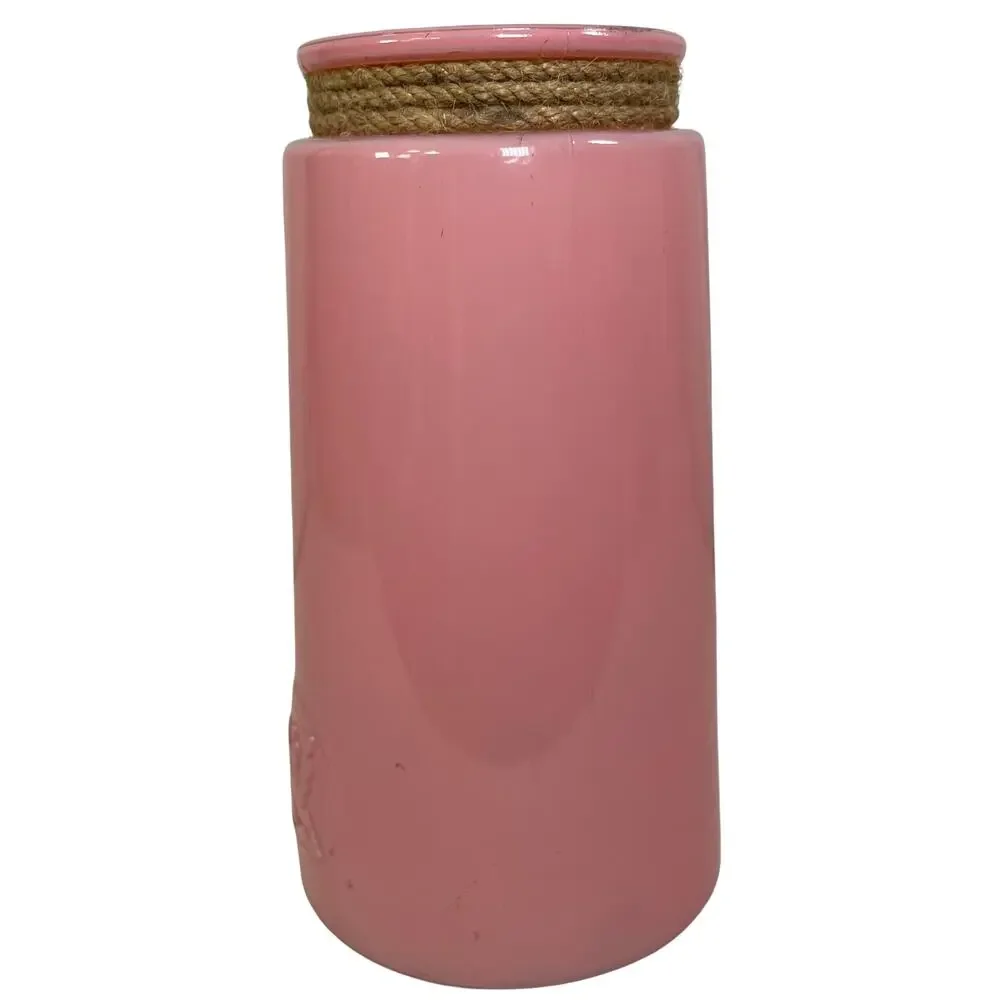 Large Pink Glass Hanging Vase Jar Rope Handle Wide Mouth